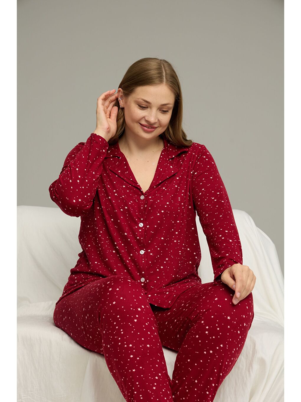 Bordo Desenli Büyük Beden Battal Boy Gömlek Yaka Düğmeli Milan Örme Pijama Takım25224338