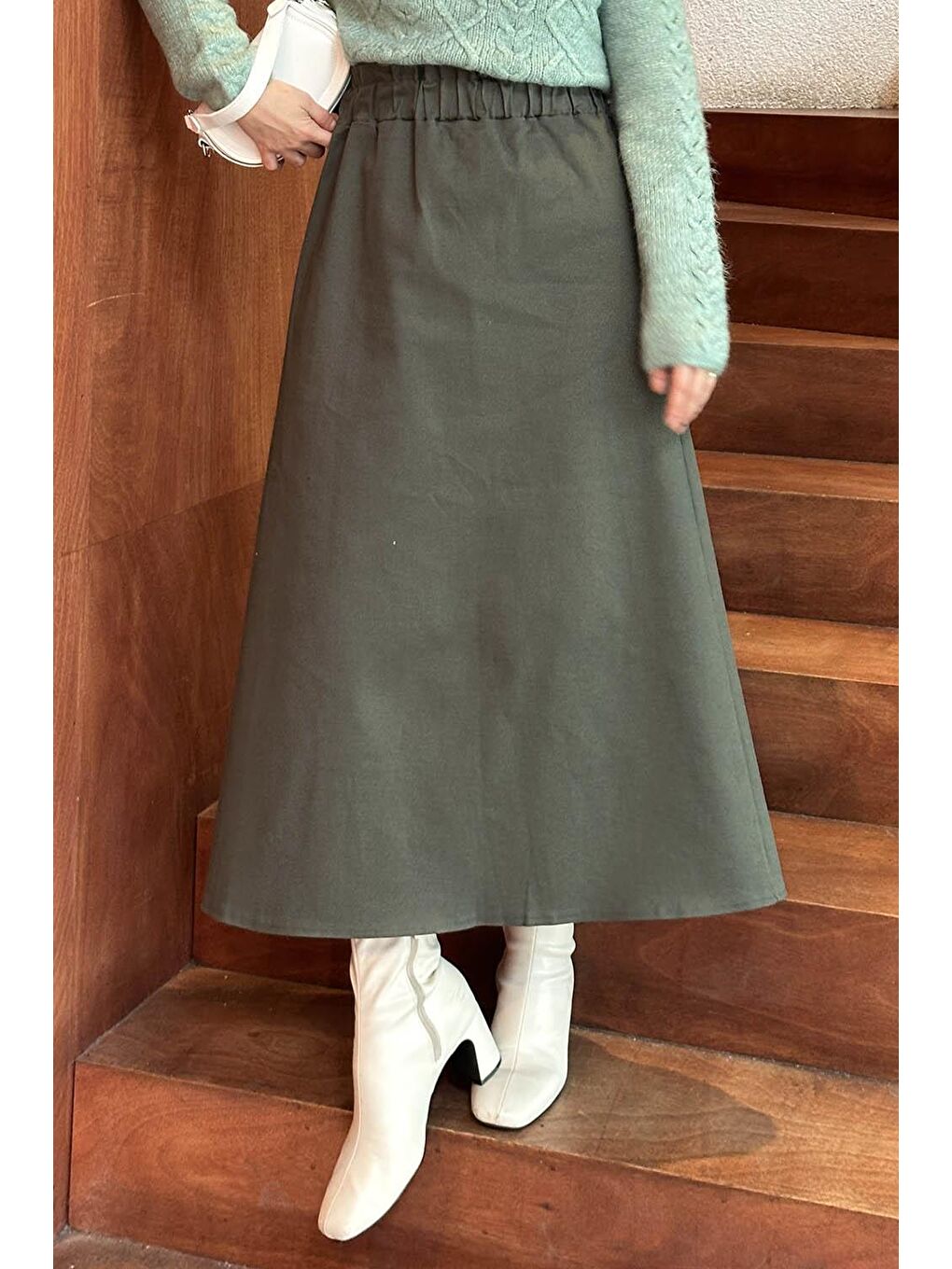 Bel Lastikli Tesettür Etek Haki