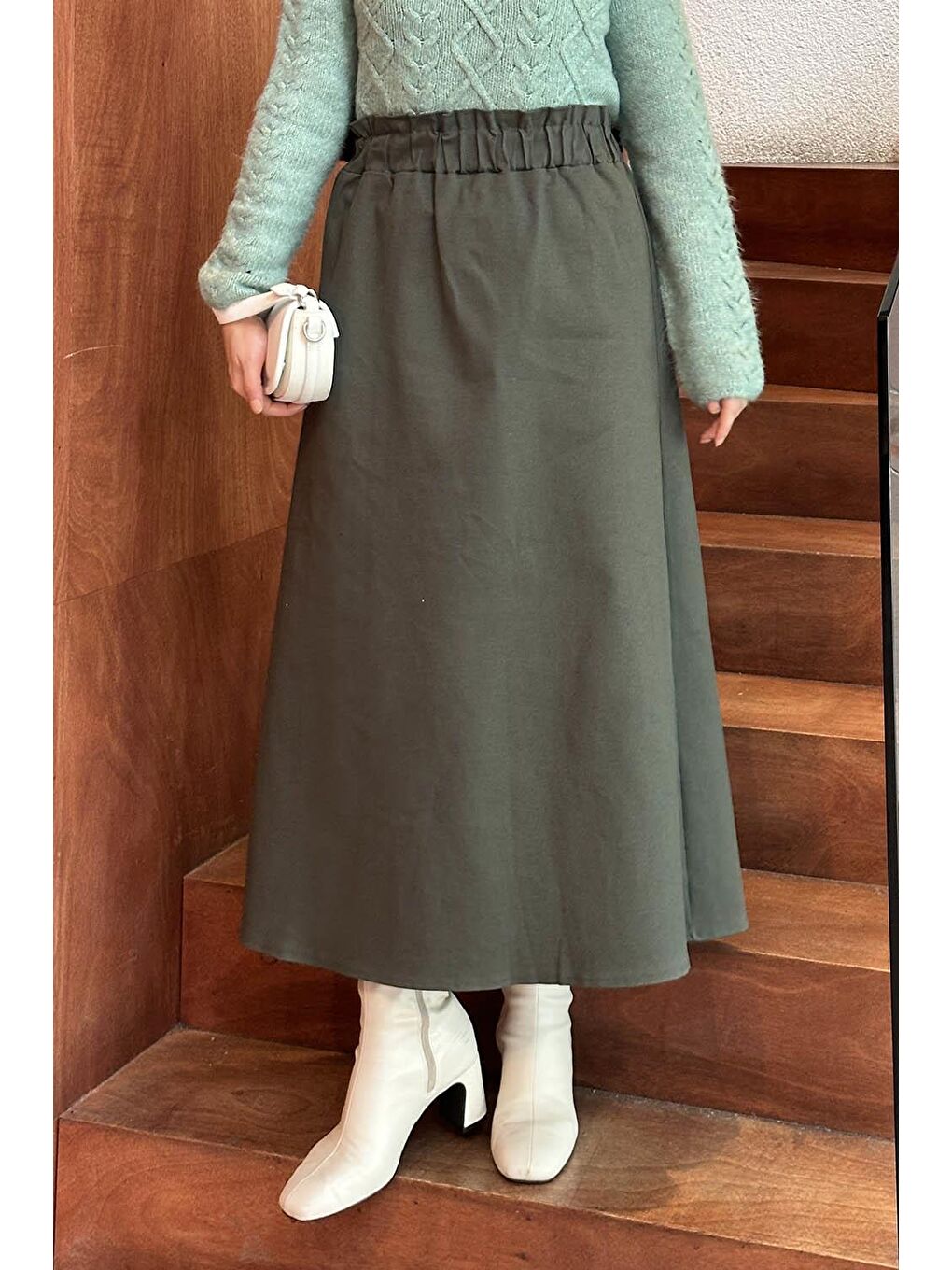Bel Lastikli Tesettür Etek Haki-1
