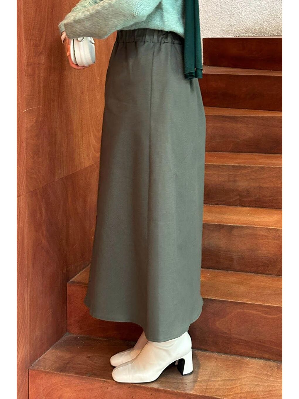 Bel Lastikli Tesettür Etek Haki-2