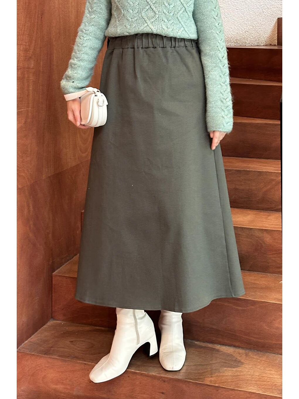 Bel Lastikli Tesettür Etek Haki-3