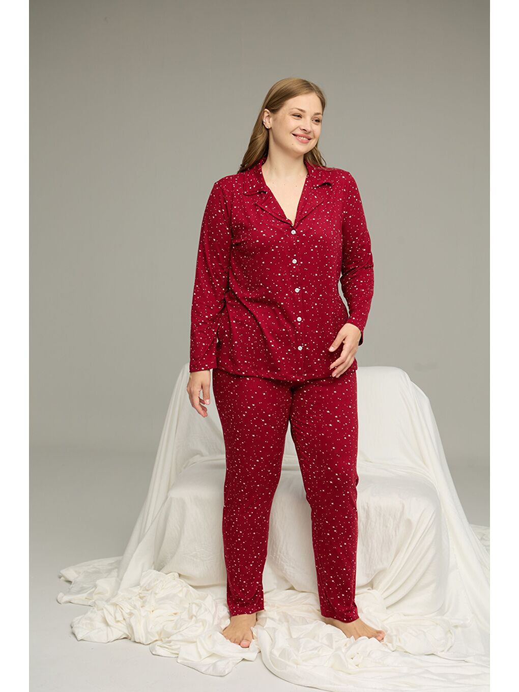 Bordo Desenli Büyük Beden Battal Boy Gömlek Yaka Düğmeli Milan Örme Pijama Takım25224338-1