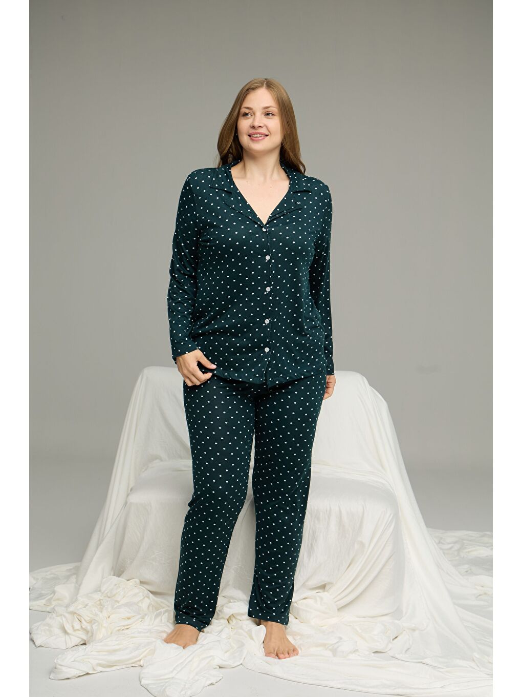 Yeşil Büyük Beden Battal Boy Gömlek Yaka Düğmeli Milan Örme Pijama Takım25224340-1