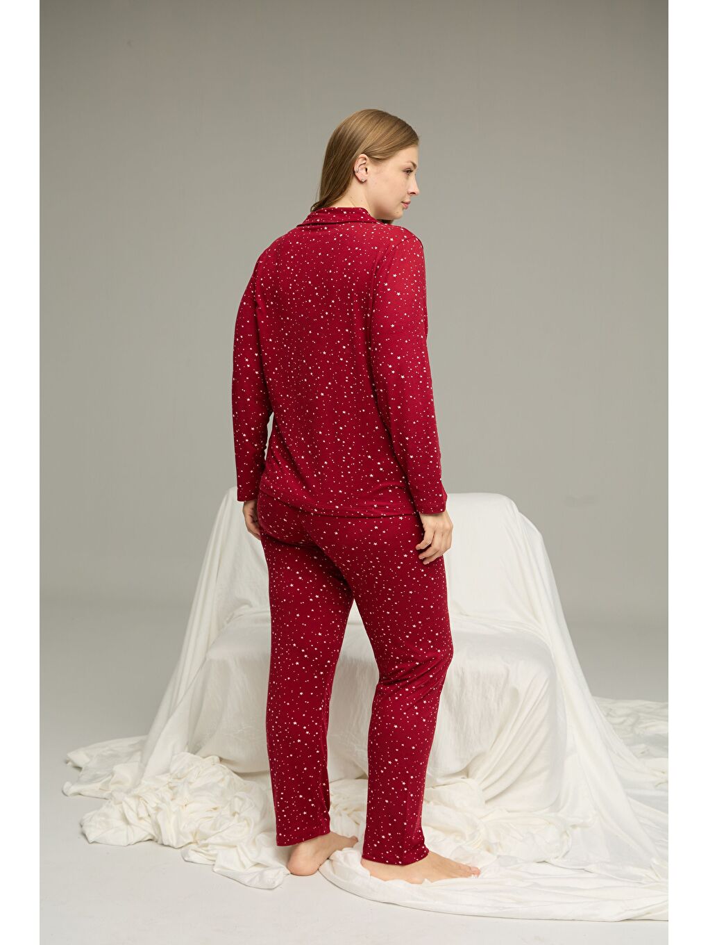 Bordo Desenli Büyük Beden Battal Boy Gömlek Yaka Düğmeli Milan Örme Pijama Takım25224338-2