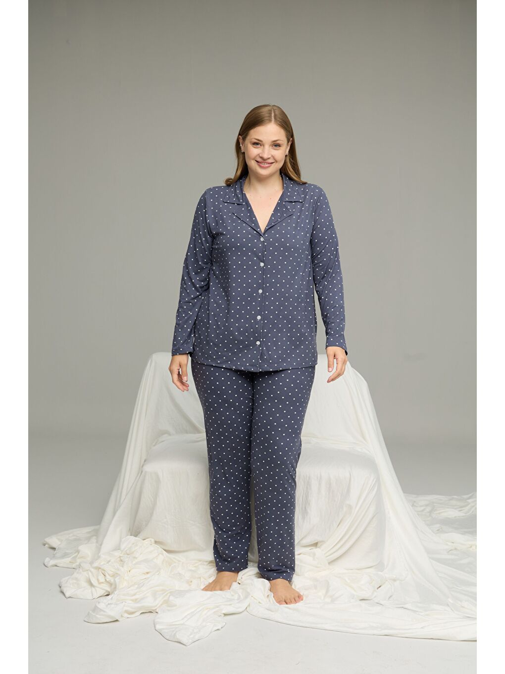 İndigo Büyük Beden Battal Boy Gömlek Yaka Düğmeli Milan Örme Pijama Takım25224341-1