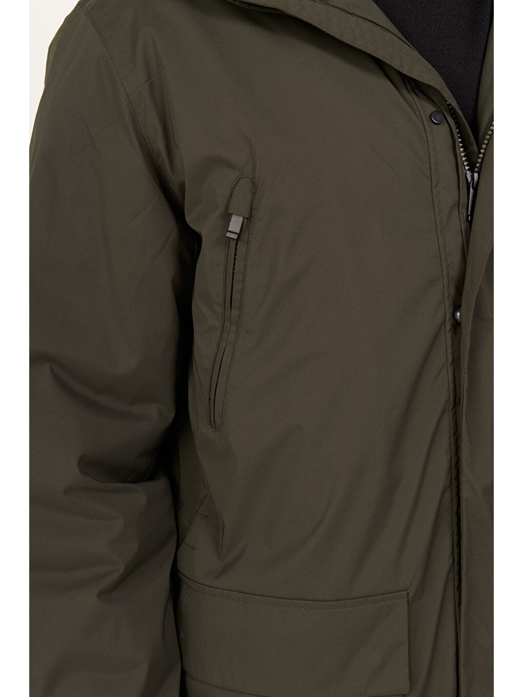 Erkek Haki Standart Fit Normal Kesim Kapüşonlu Kaban-4