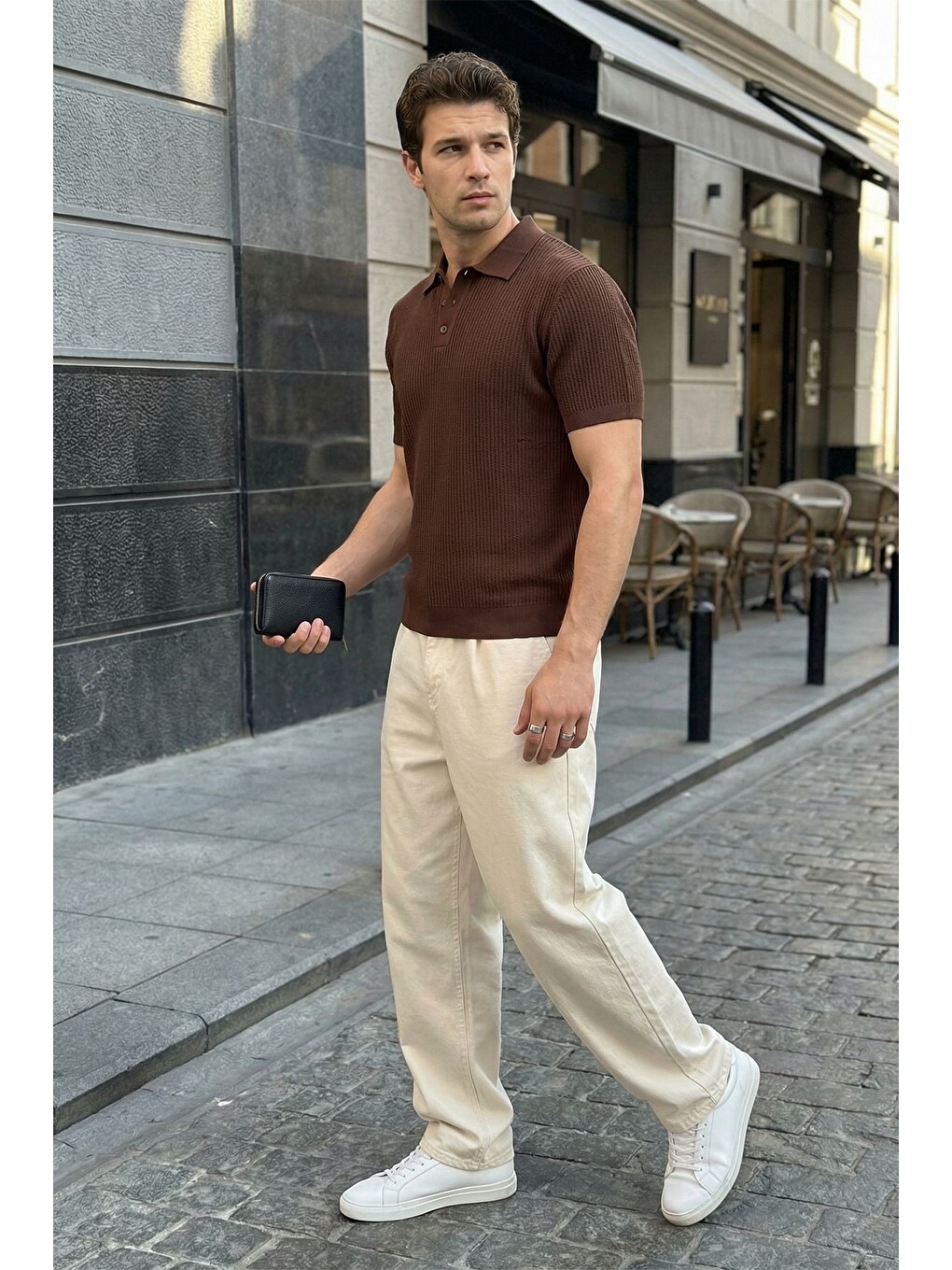 Kahverengi Bande Regular Fit Erkek Kısa Kol Triko Polo Yaka Dokulu Tişört-1