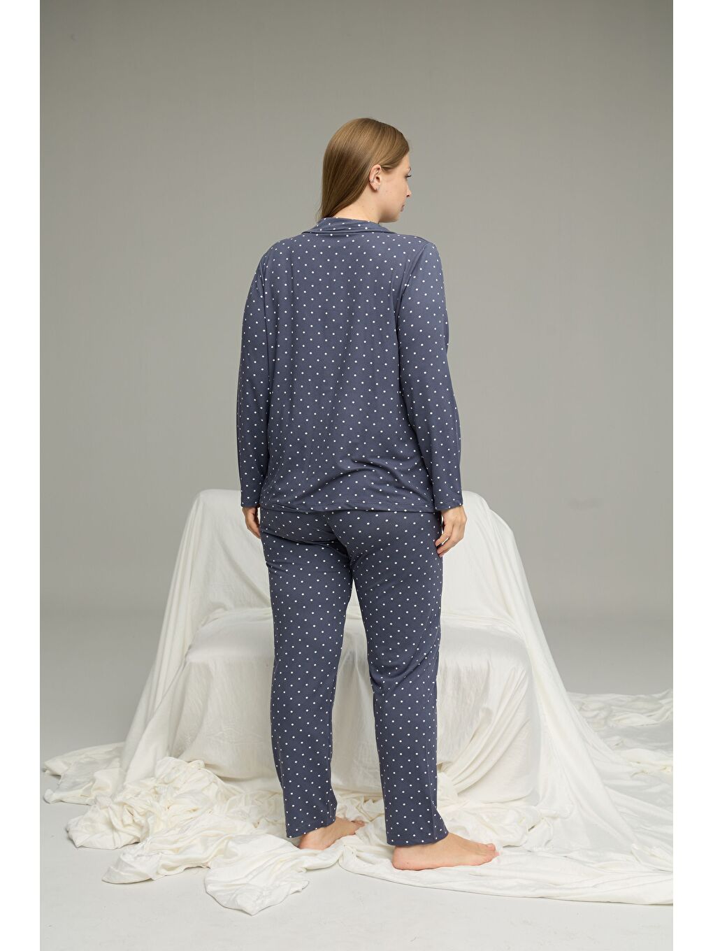 İndigo Büyük Beden Battal Boy Gömlek Yaka Düğmeli Milan Örme Pijama Takım25224341-2