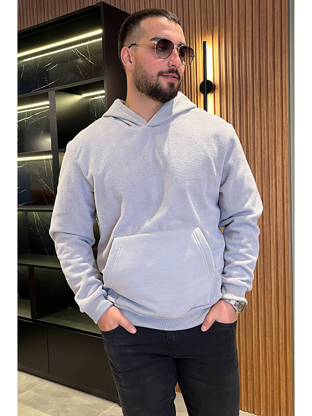 Mishar İtalia Gri Erkek Kapüşonlu Kanguru Cepli Polar Sweatshirt - 1