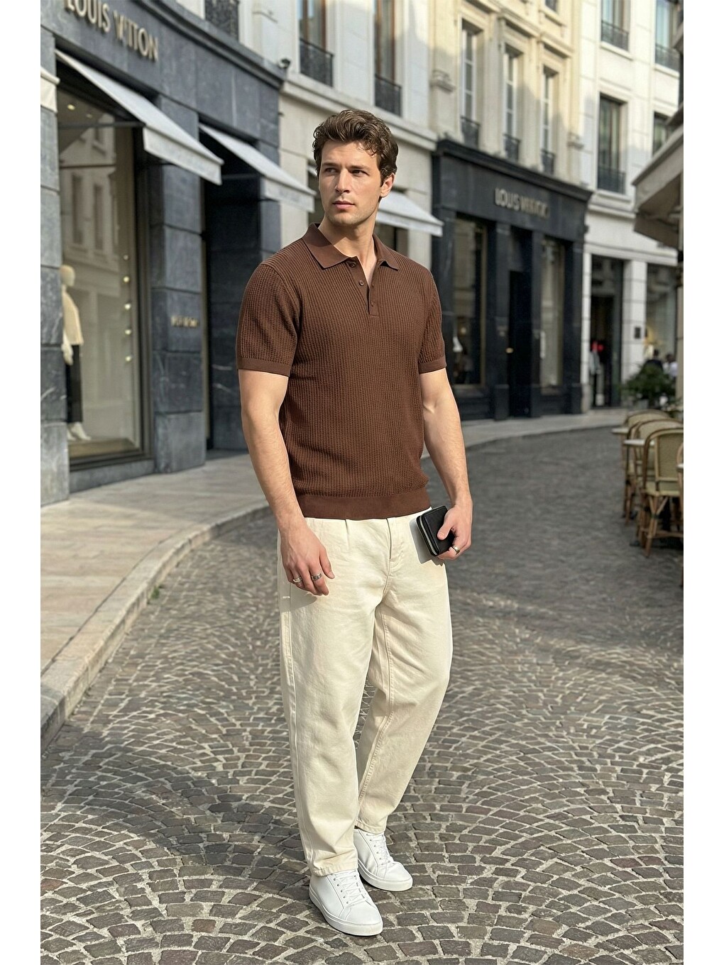 Kahverengi Bande Regular Fit Erkek Kısa Kol Triko Polo Yaka Dokulu Tişört-2