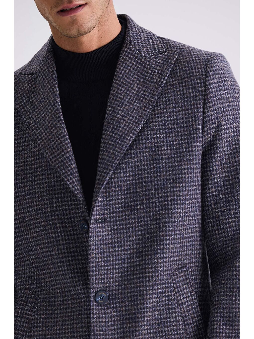 Lacivert Comfort Fit Sivri Yaka Kareli Desenli Yünlü Kaşe Kaban-2