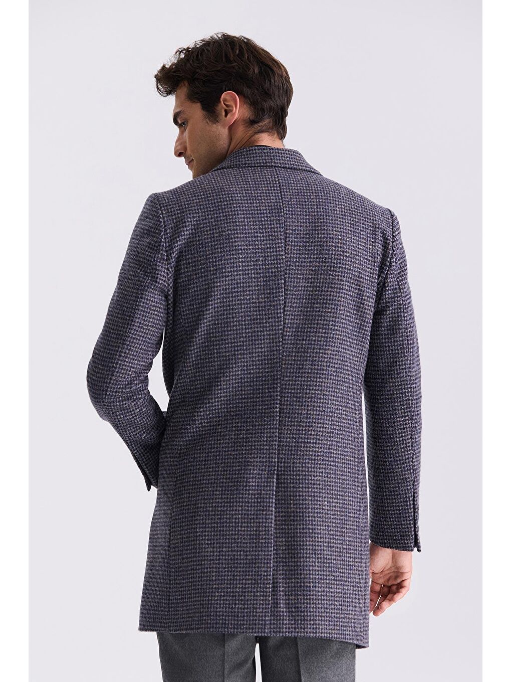 Lacivert Comfort Fit Sivri Yaka Kareli Desenli Yünlü Kaşe Kaban-3