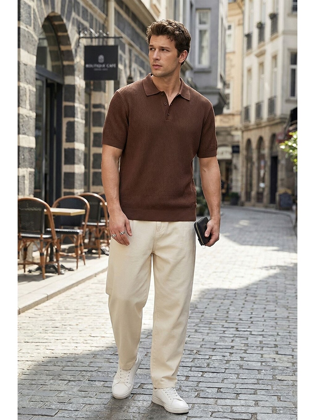 Kahverengi Bande Regular Fit Erkek Kısa Kol Triko Polo Yaka Dokulu Tişört-3