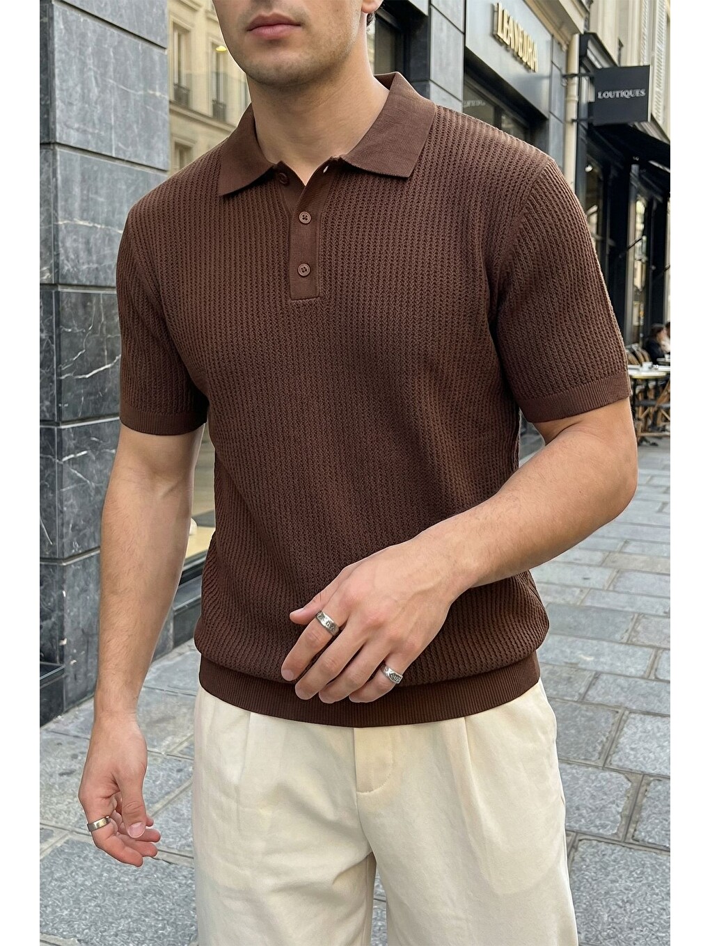 Kahverengi Bande Regular Fit Erkek Kısa Kol Triko Polo Yaka Dokulu Tişört-5