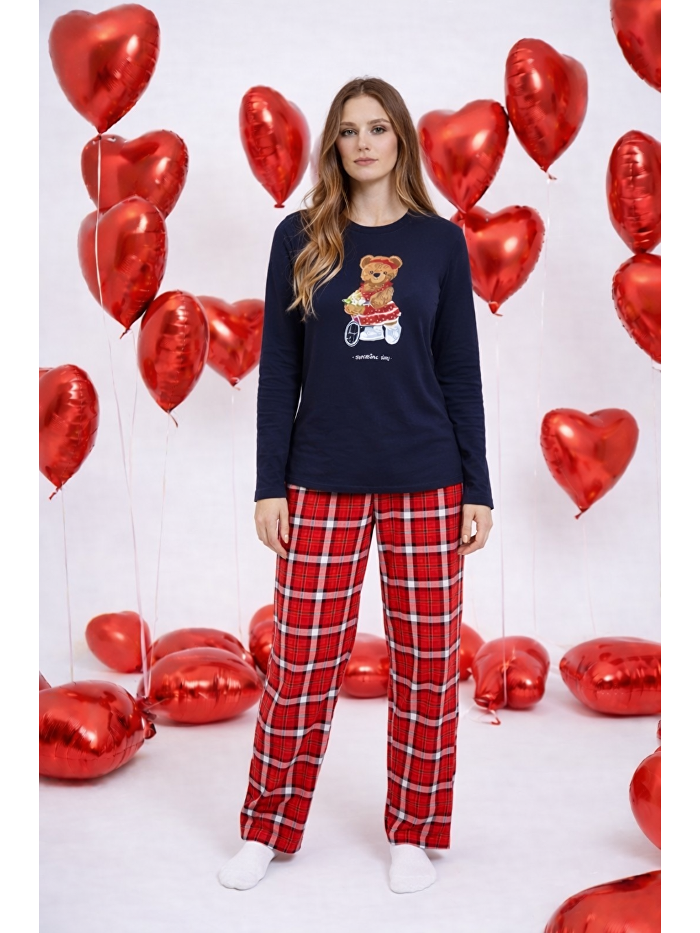 Lacivert Kadın Pamuklu Ayıcık Baskılı Ekose Desenli Pijama Takımı-1