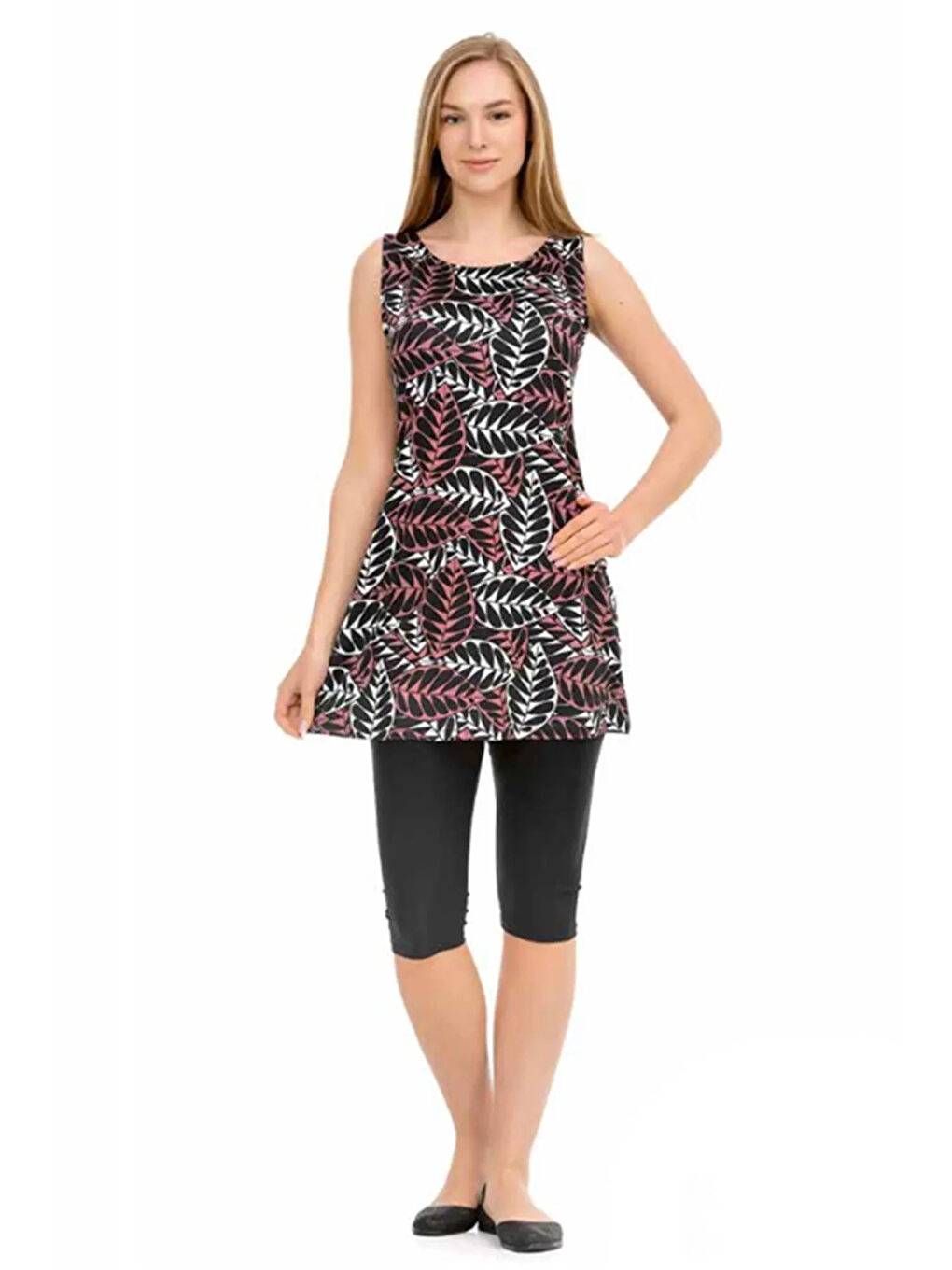 Kadın Siyah Mürdüm Desenli Kolsuz Yarı Kapalı Taytlı Mayo HZL25S-AR116/511