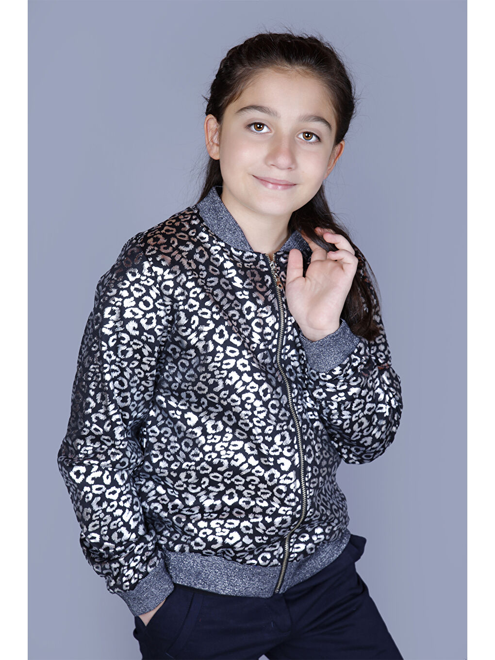 Gri Kız Çocuk Leopar Desenli Parlak Hırka-1