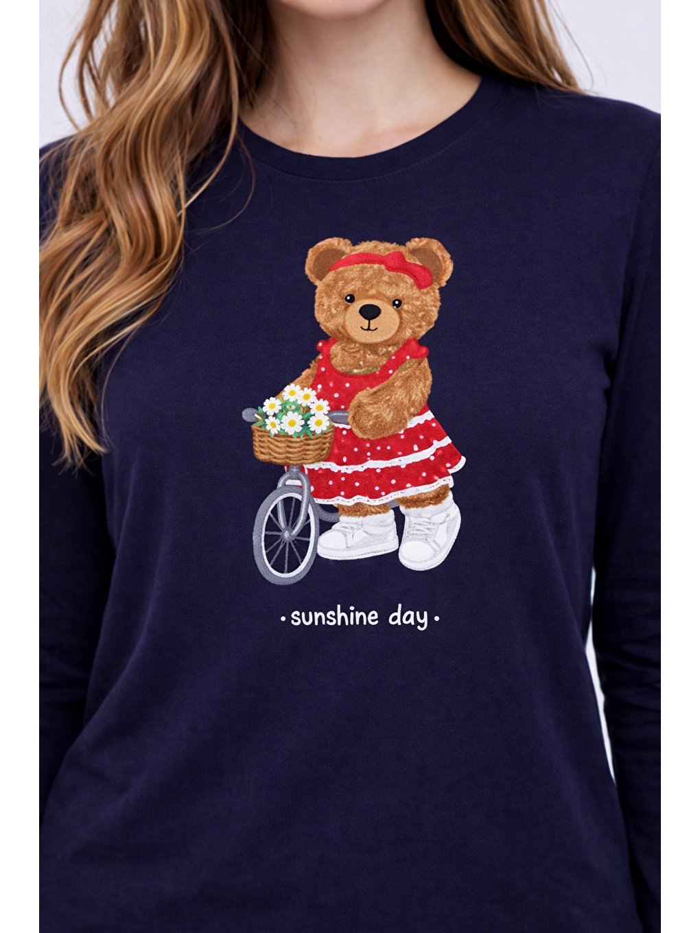 Lacivert Kadın Pamuklu Ayıcık Baskılı Ekose Desenli Pijama Takımı-3