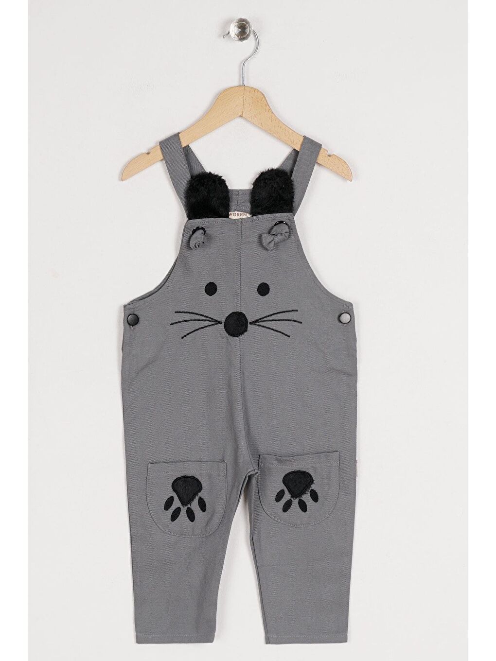 Askılı Çift Cepli Kedicik Gri Renk Erkek Çocuk Tulum