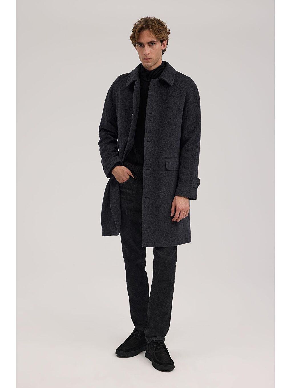 Antrasit Comfort Fit Bebe Yaka Yünlü Kaban-1