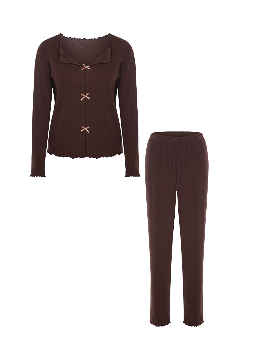 Kahverengi Kadın Pamuklu Çıtır Çiçek Desenli Baby Overloklu Fiyonk Detaylı Uzun Kollu Pijama Takımı