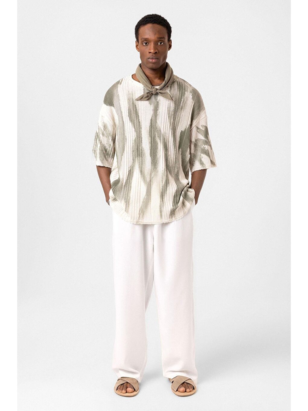 Yıkamalı Oversize Triko Tişört Haki