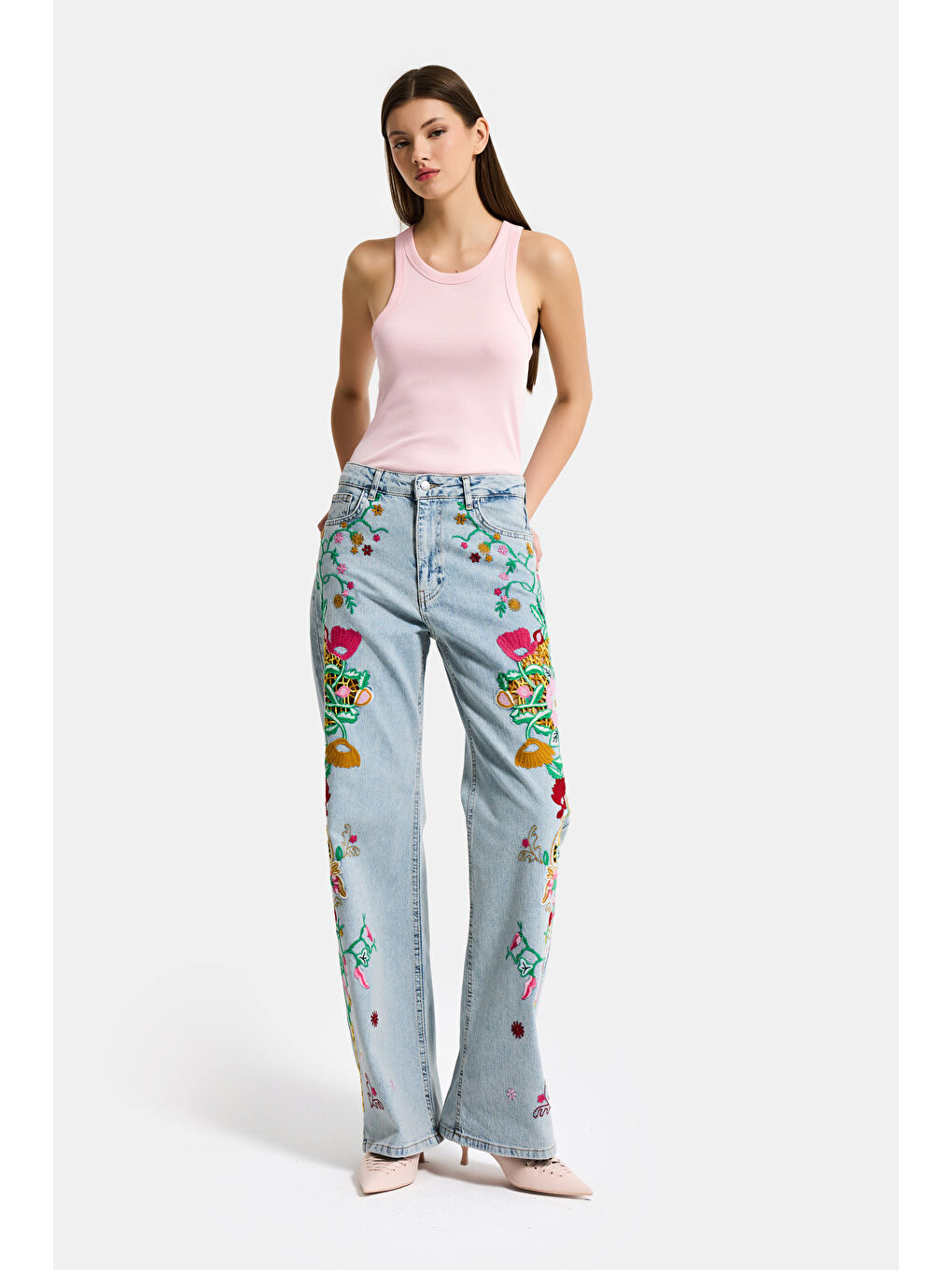 Mavi Kadın Jean Rengi 3s6-32 Straight Fit Özel Desen Çiçek Nakışlı Tasarım Denim Jean-6