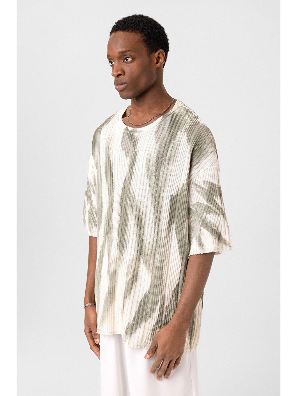 Yıkamalı Oversize Triko Tişört Haki-3