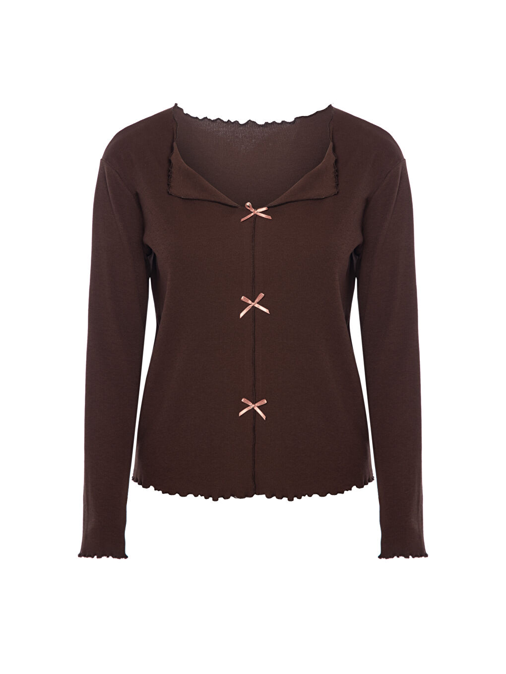 Kahverengi Kadın Pamuklu Çıtır Çiçek Desenli Baby Overloklu Fiyonk Detaylı Uzun Kollu Pijama Takımı-1