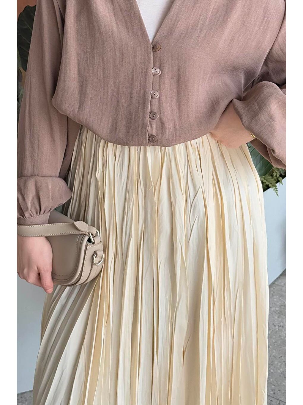 Ekru Kraşlı Tesettür Etek Krem-1