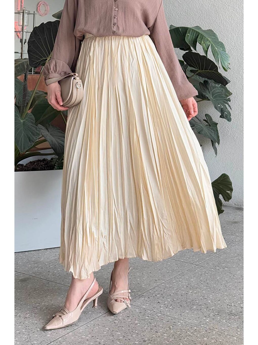 Ekru Kraşlı Tesettür Etek Krem-2