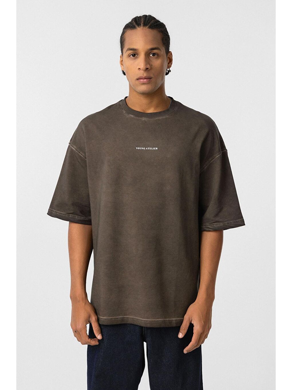 Kahverengi Yıkamalı Oversize Tişört Kahve-2