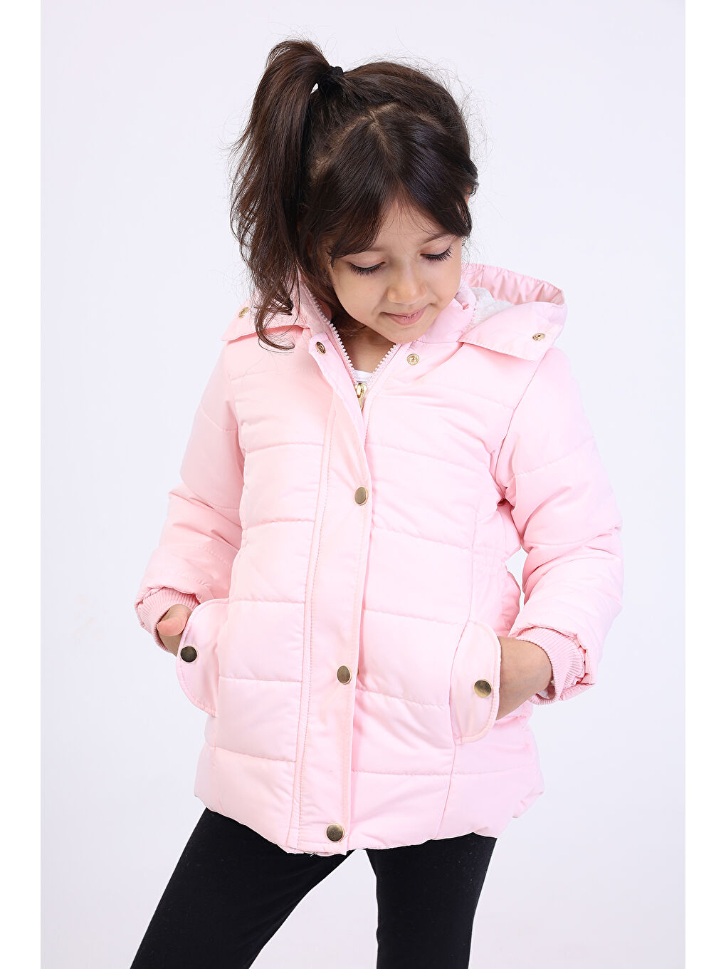 Pembe Kız Çocuk Kapüşonlu İçi Kürklü Mont