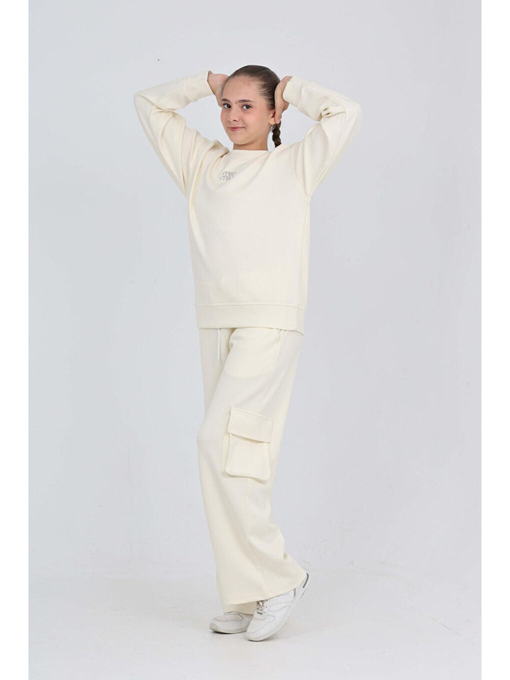Ekru Kız Çocuk Osyho Kumaş Kargo Cepli ve Geniş Paçalı Alt-Üst Takım 12294