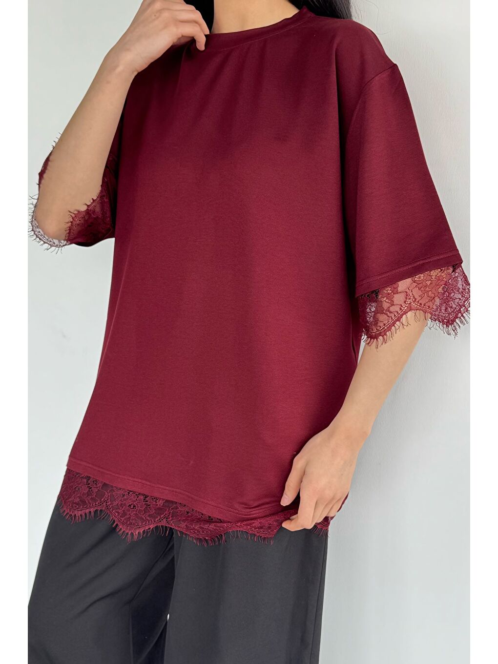 Bordo Kadın Dantelli Oversize Tişört