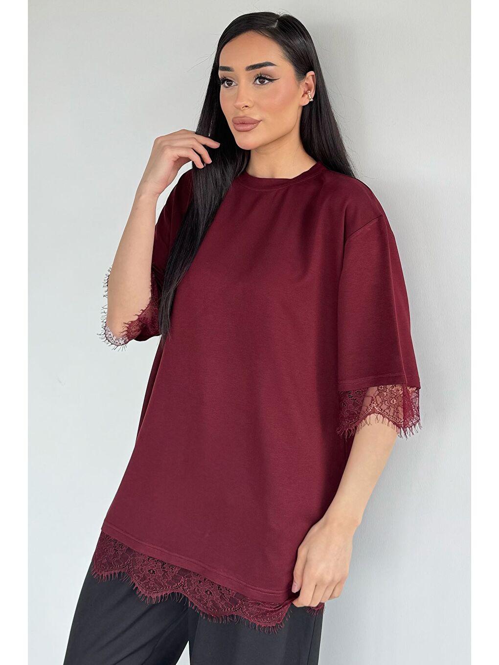 Bordo Kadın Dantelli Oversize Tişört-1