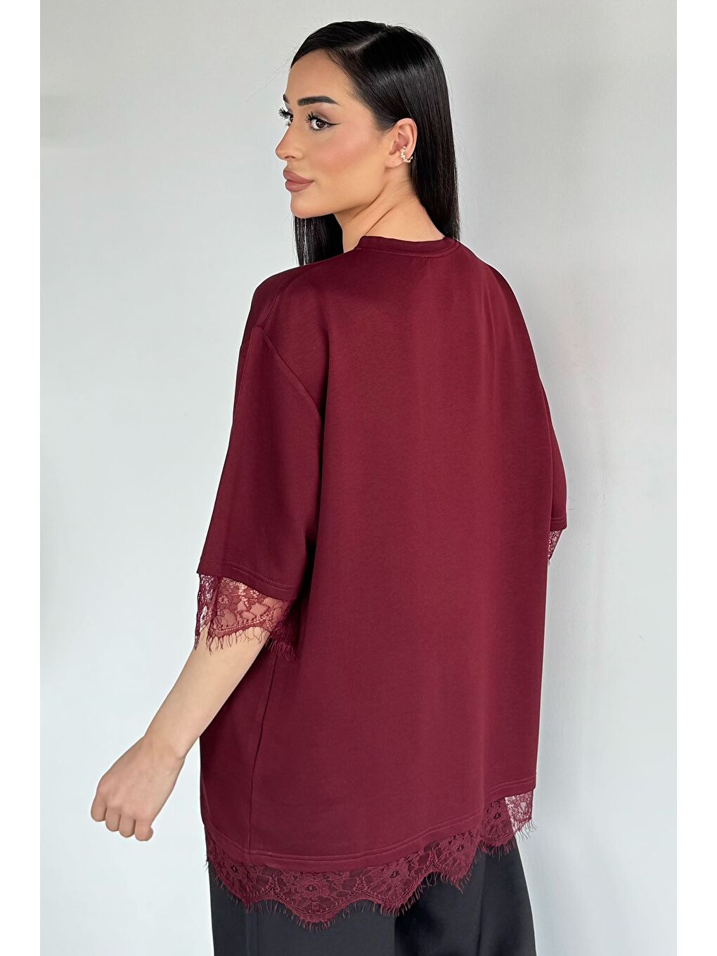 Bordo Kadın Dantelli Oversize Tişört-3