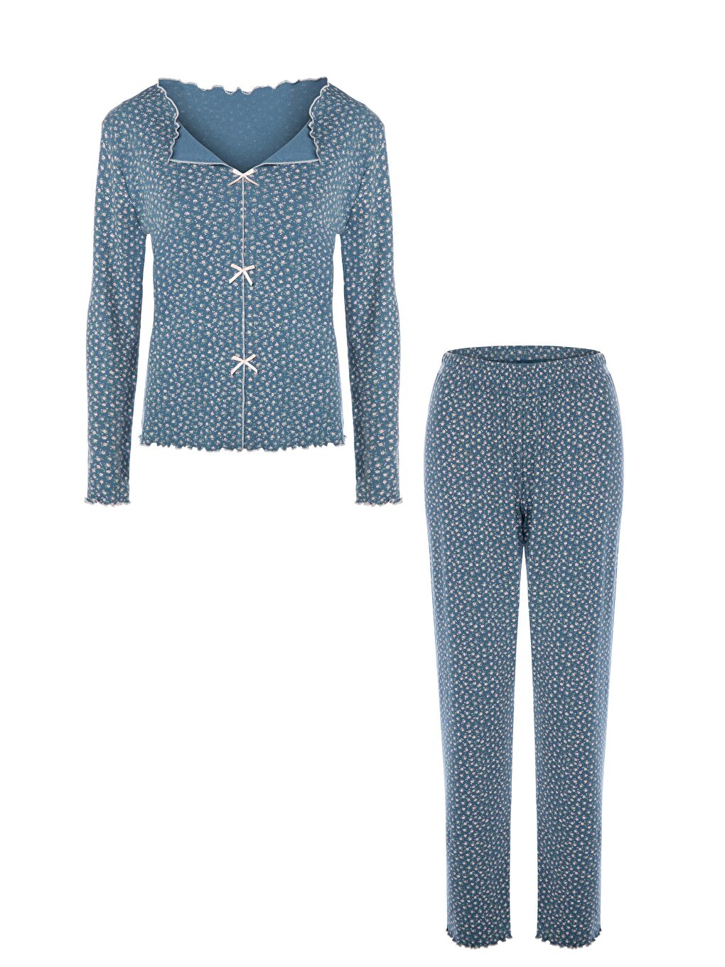 Mavi Kadın Pamuklu Çıtır Çiçek Desenli Baby Overloklu Fiyonk Detaylı Uzun Kollu Pijama Takımı