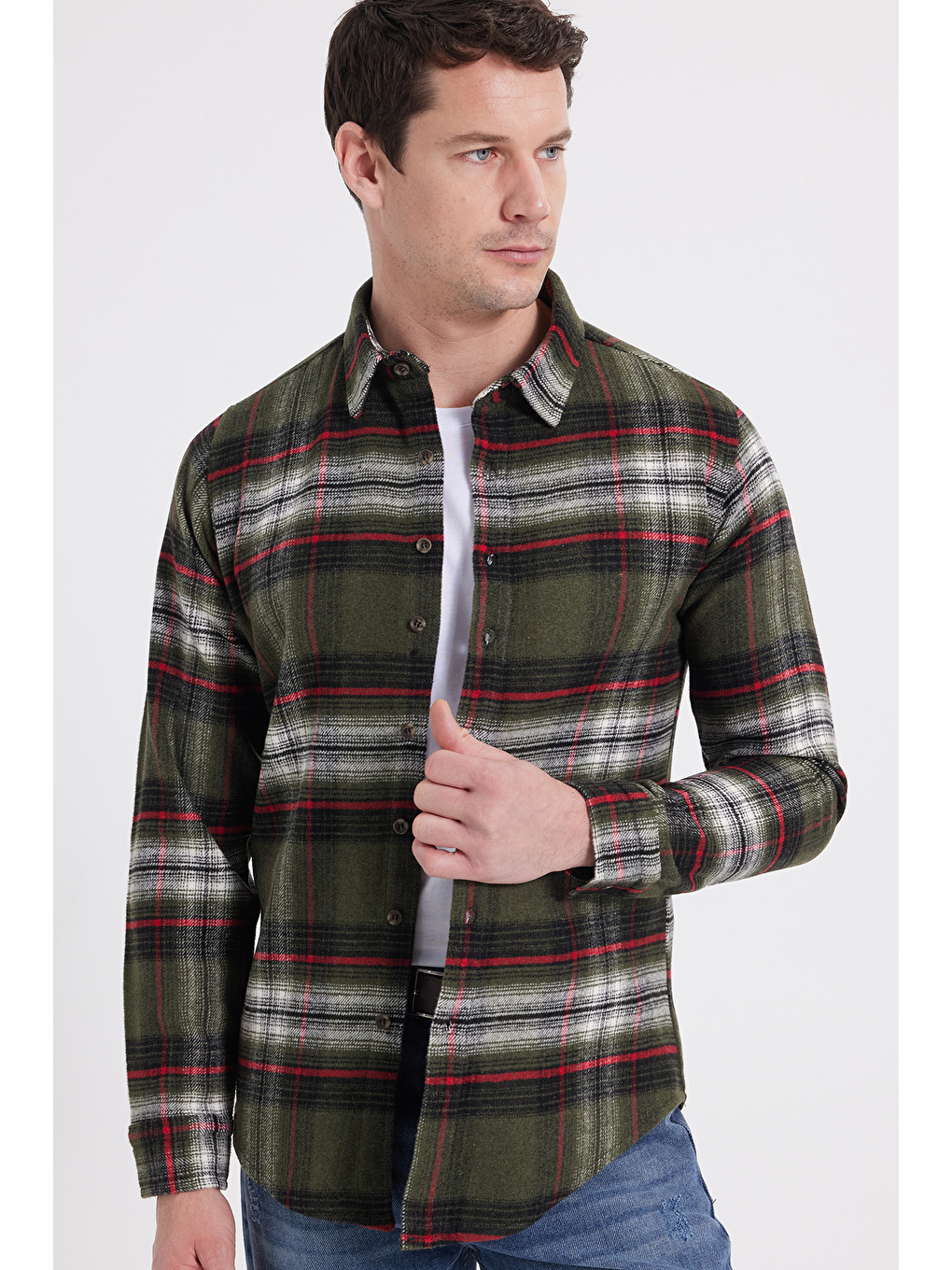 Haki Erkek Slim Fit Dar Kesim Kareli Kışlık Oduncu Gömlek