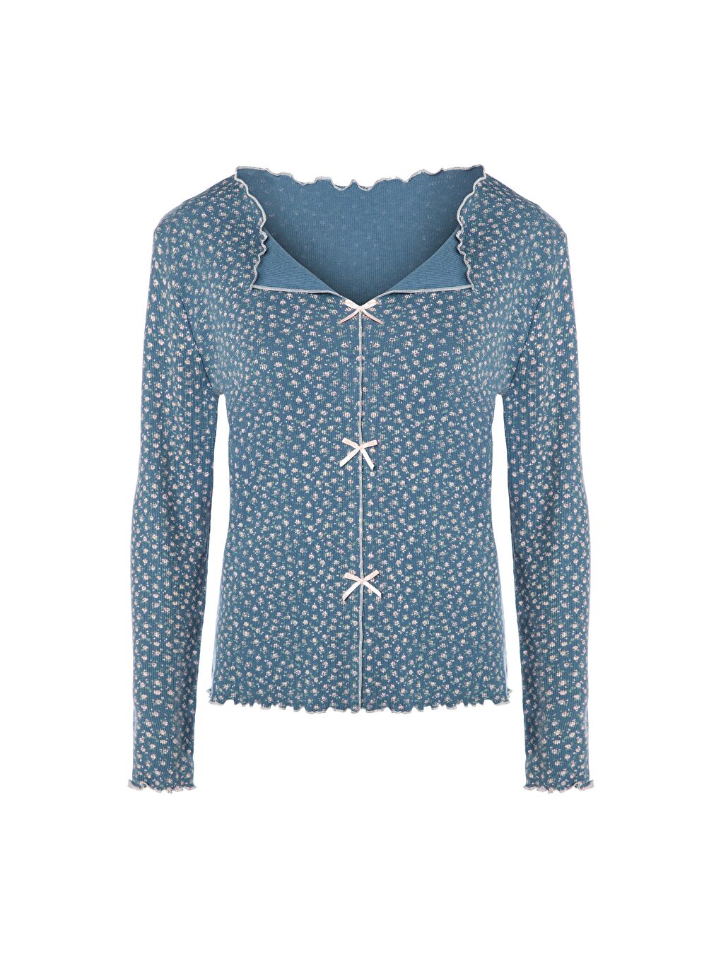 Mavi Kadın Pamuklu Çıtır Çiçek Desenli Baby Overloklu Fiyonk Detaylı Uzun Kollu Pijama Takımı-1