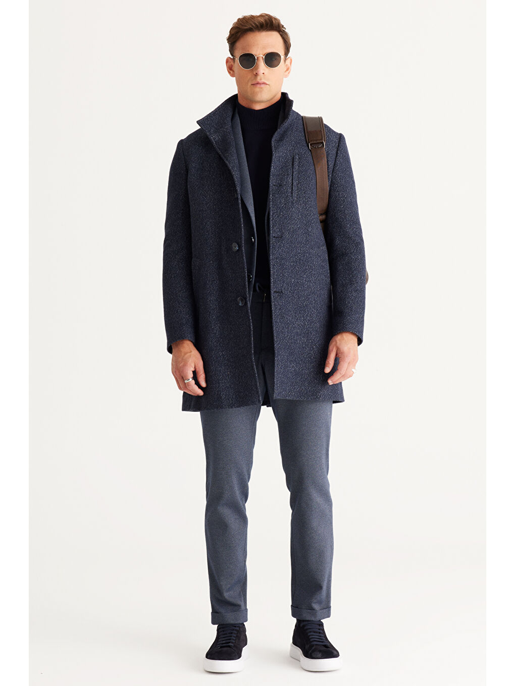 Erkek Lacivert Standart Fit Normal Kesim Dik Yaka Desenli Palto-1