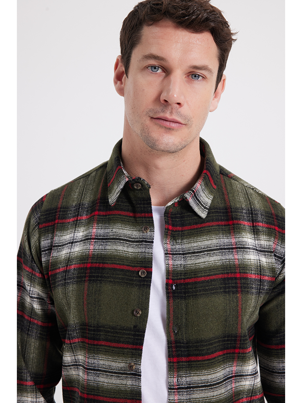 Haki Erkek Slim Fit Dar Kesim Kareli Kışlık Oduncu Gömlek-2