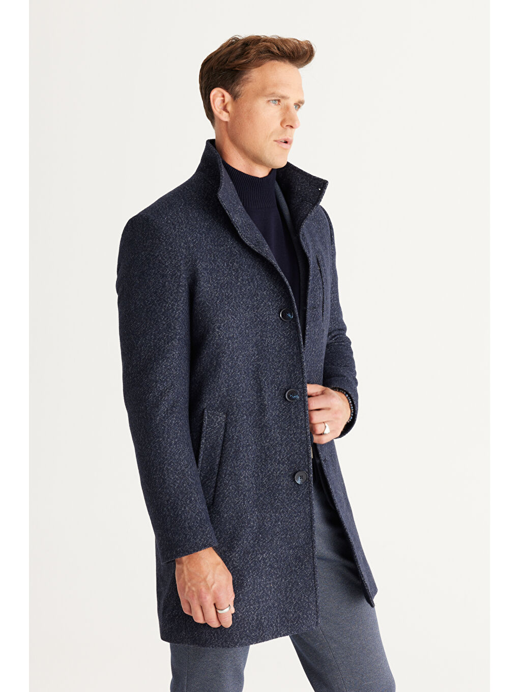 Erkek Lacivert Standart Fit Normal Kesim Dik Yaka Desenli Palto-2