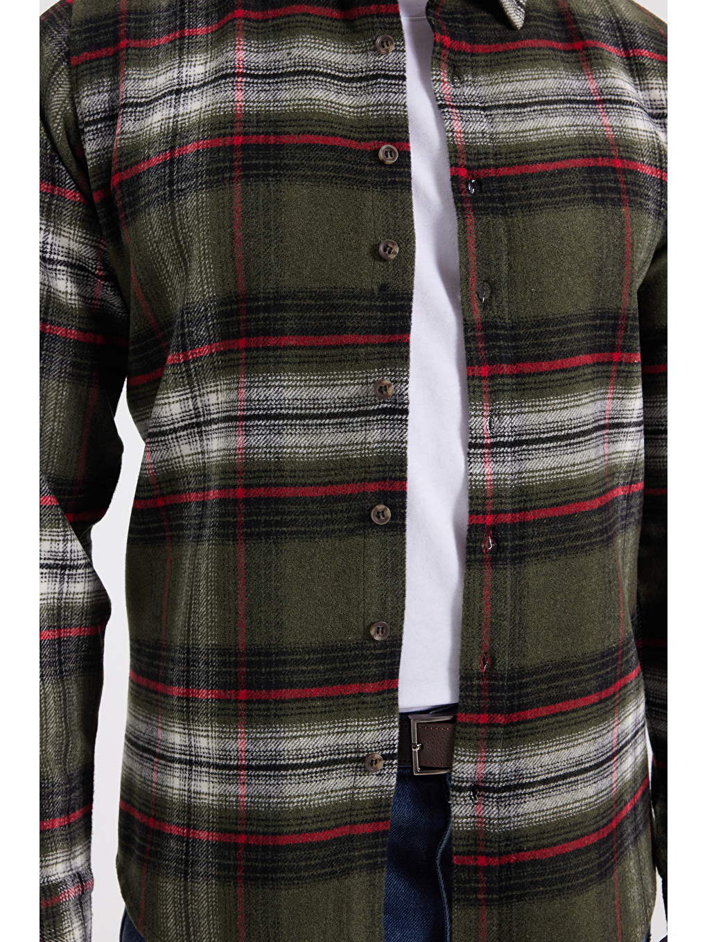 Haki Erkek Slim Fit Dar Kesim Kareli Kışlık Oduncu Gömlek-3