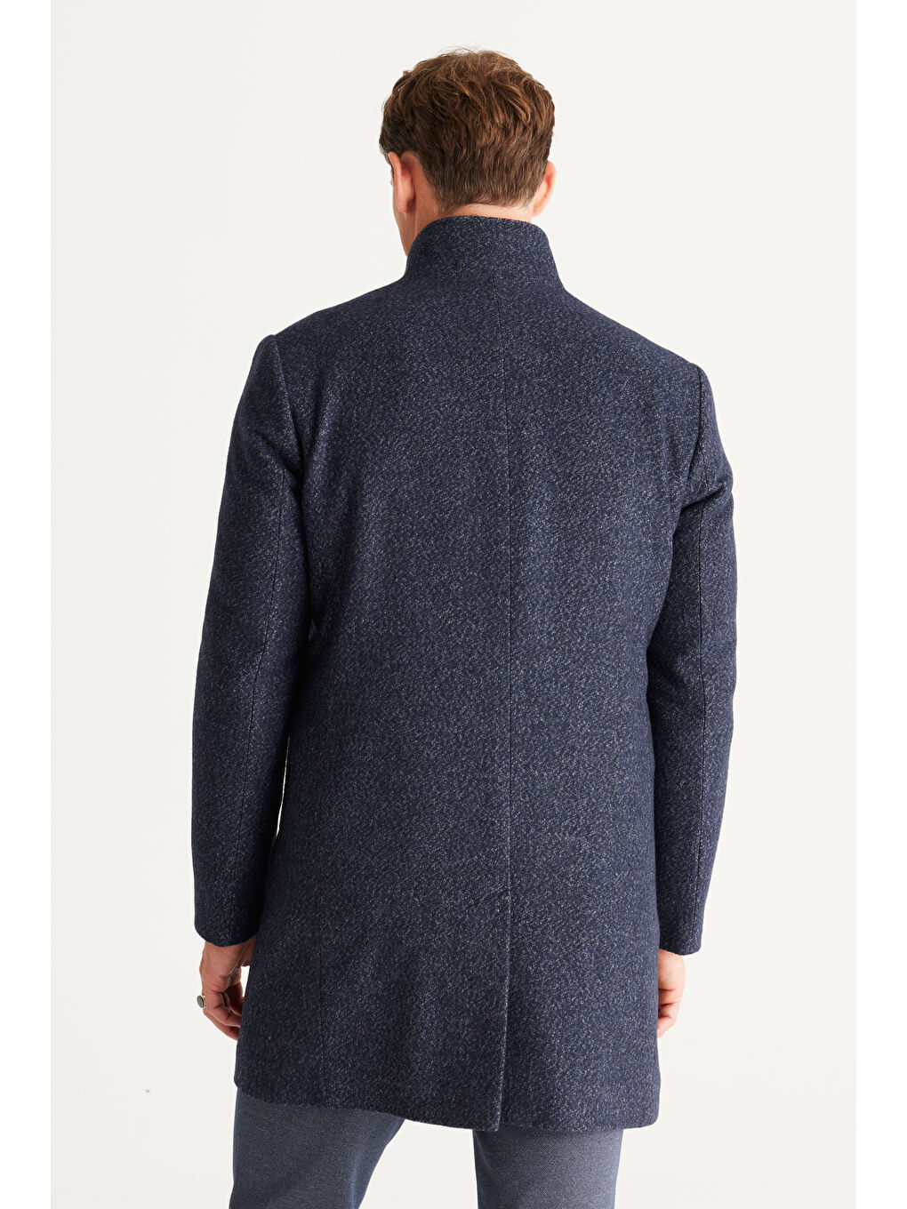 Erkek Lacivert Standart Fit Normal Kesim Dik Yaka Desenli Palto-5