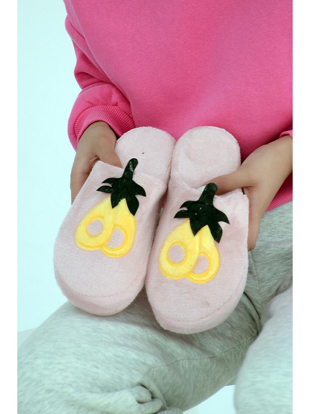 Pembe Avakado Baskılı Rahat Taban Termal Kadın Ev Terliği Z390-6