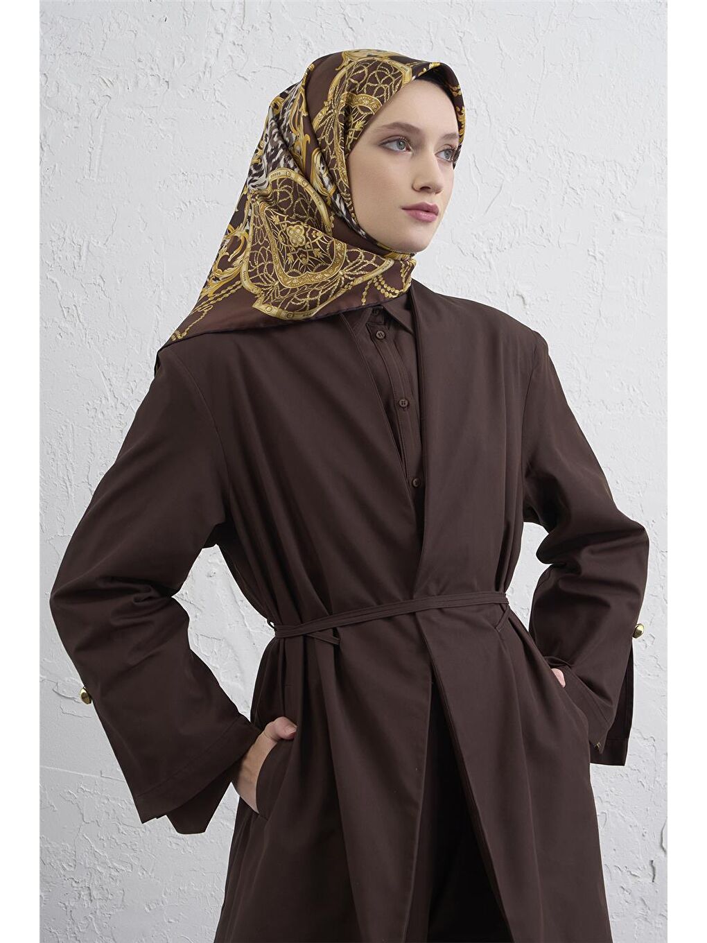 Kahverengi Klasik Desenli Saf İpek Twill Eşarp 9411D 80-1