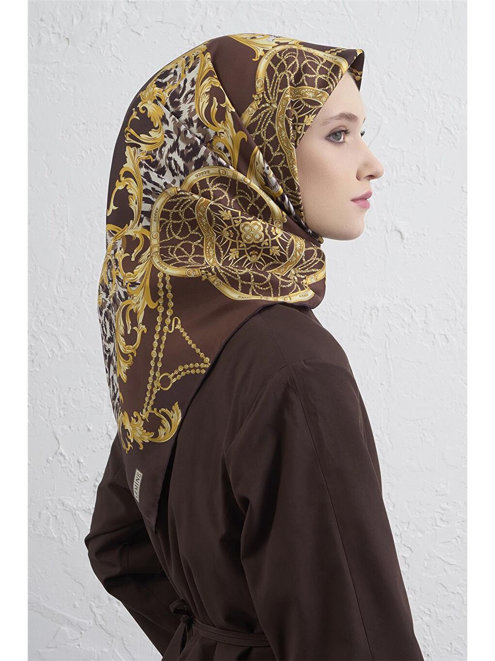 Kahverengi Klasik Desenli Saf İpek Twill Eşarp 9411D 80-2