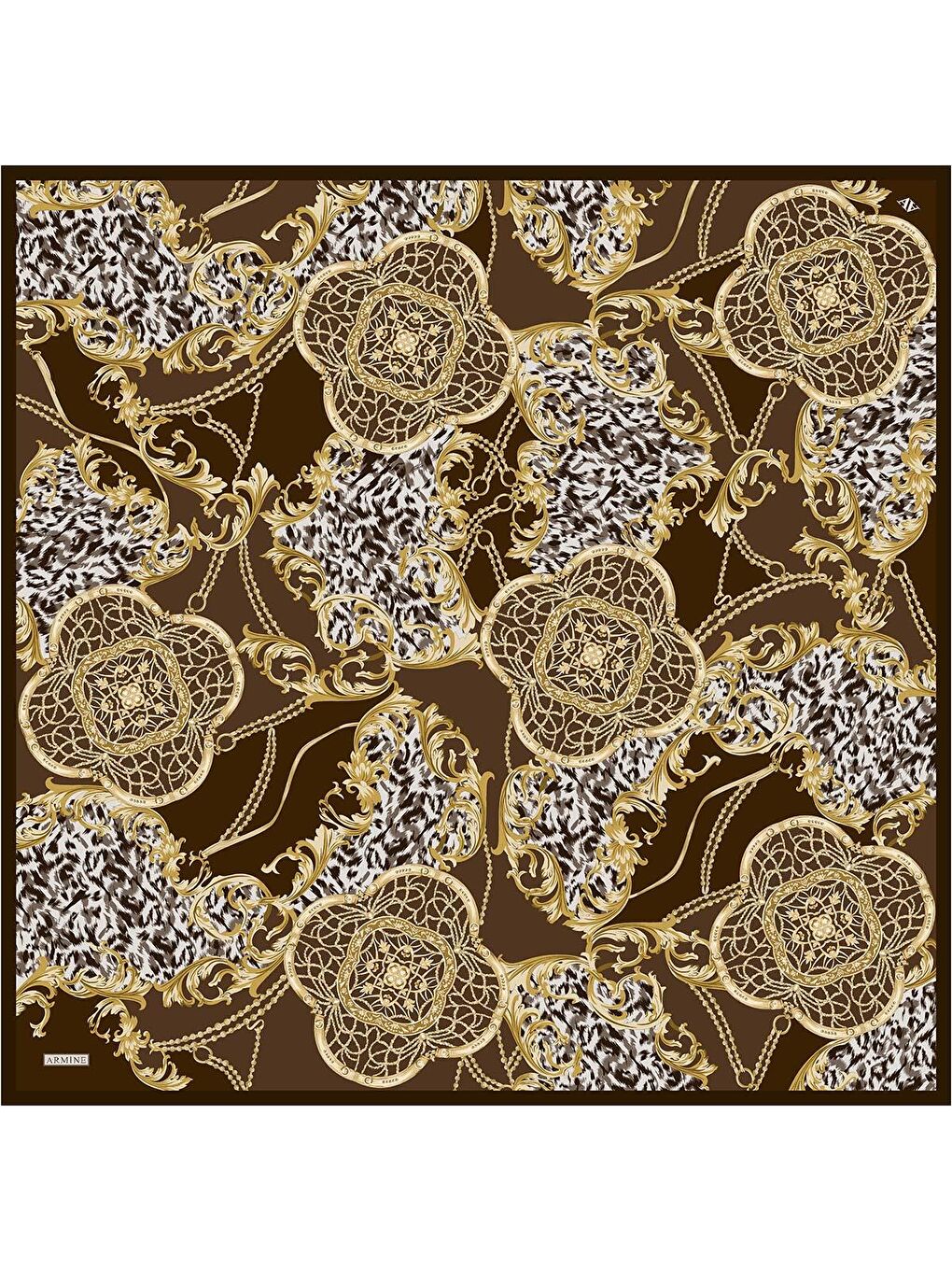 Kahverengi Klasik Desenli Saf İpek Twill Eşarp 9411D 80-3