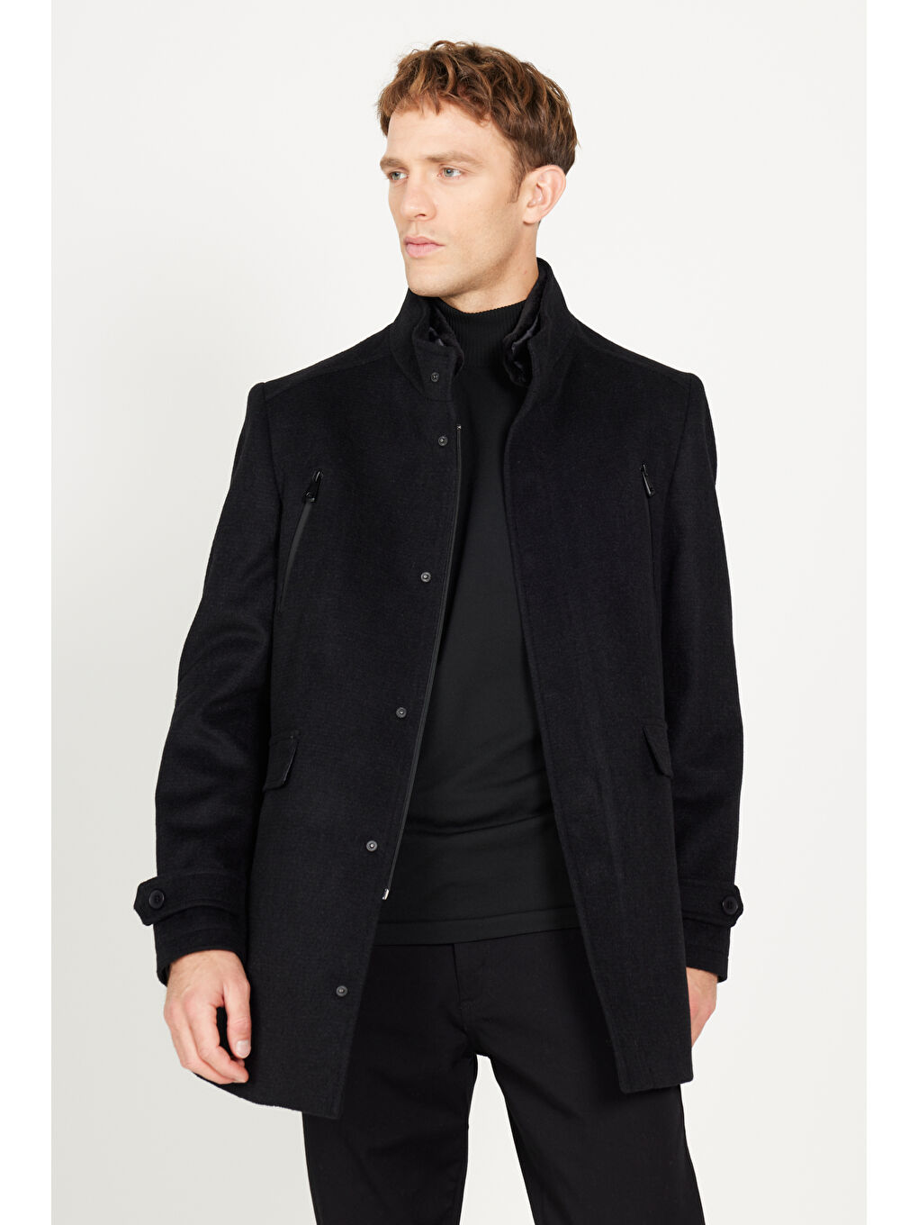 Erkek Siyah Standart Fit Normal Kesim Gömlek Yaka Yünlü Desenli Palto